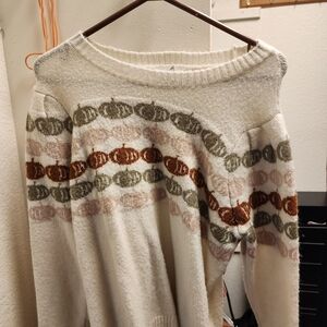 Women's Cream Crewneck Sweater with Autumn Pumpkin Motif
